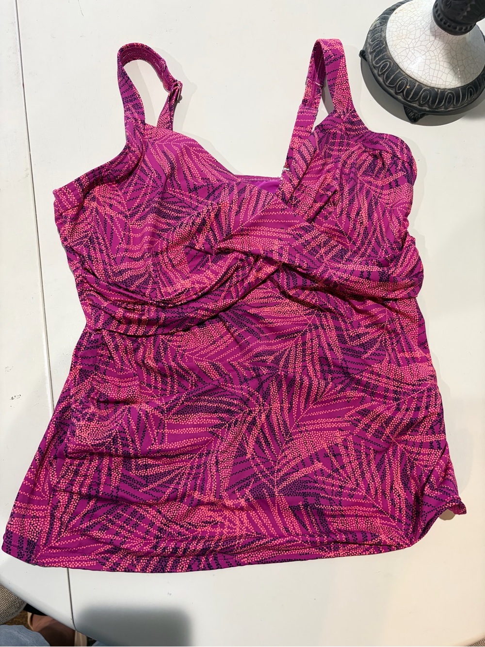 Lands' End Pink and Magenta Leaf-Print Swim Camisole - Picture 3 of 8